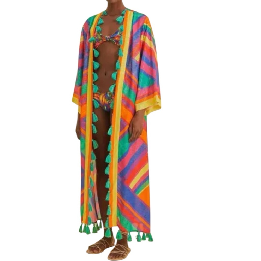 FARM RIO Bruna Cover Up Striped Shimmer Tassel Kimono